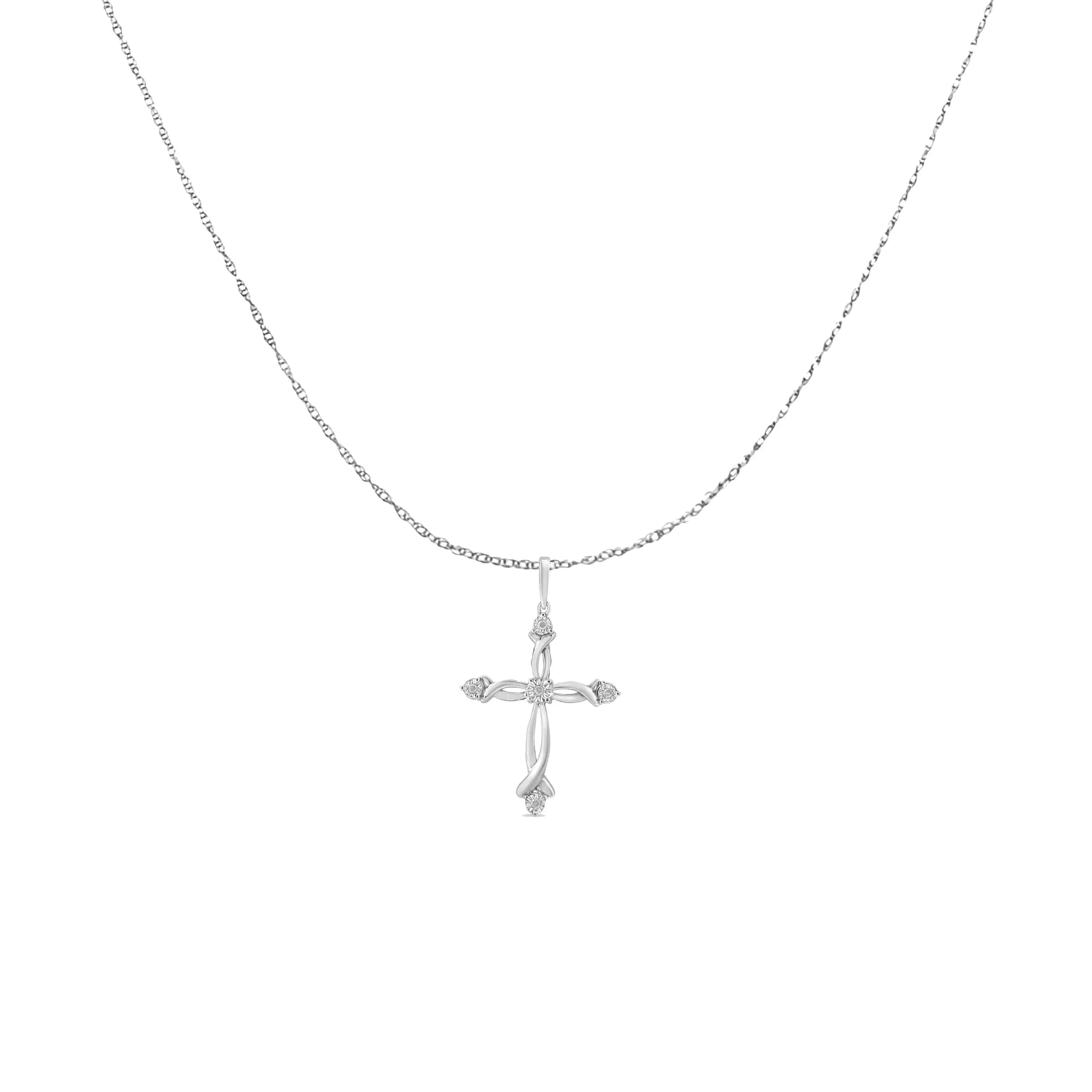 925 Sterling Silver Round Cut Diamond Accent Cross Pendant Necklace