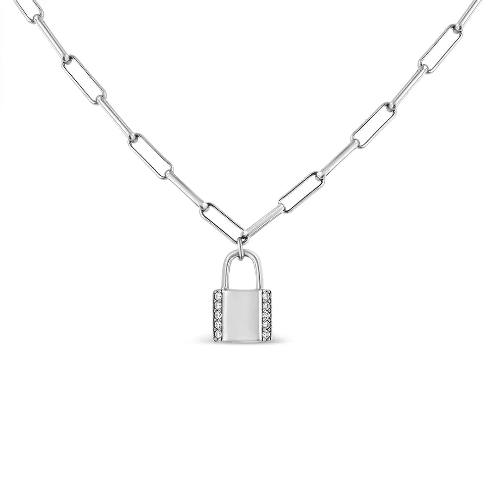 Round Diamond Lock Pendant Paperclip Chin Necklace